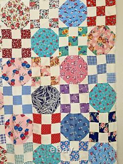 Vintage Nine Patch and Circle Quilt Top in Feed Sack and Novelty Fabrics 1930's