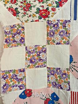 Vintage Nine Patch and Circle Quilt Top in Feed Sack and Novelty Fabrics 1930's
