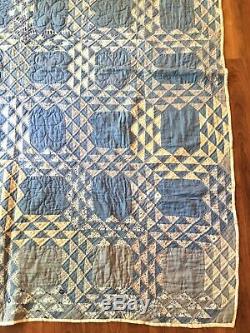 Vintage Ocean Wave Blue White Quilt Hand Stitched Handmade 60x68 1930s Folk Art