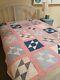 Vintage Ohio Star Quilt Handmade Hand Quilted Pink Blue 72 X 63 Twin Bedding