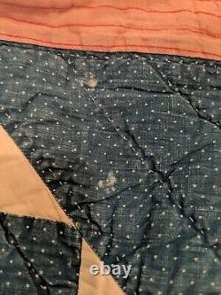 Vintage Ohio Star Quilt Handmade Hand Quilted Pink Blue 72 x 63 Twin bedding