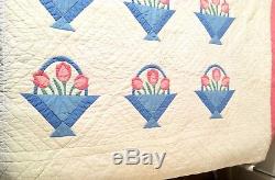 Vintage Old Handmade Cottage Flower Twin Size Quilt No Glow Non Fluorescing NICE