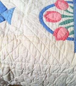 Vintage Old Handmade Cottage Flower Twin Size Quilt No Glow Non Fluorescing NICE