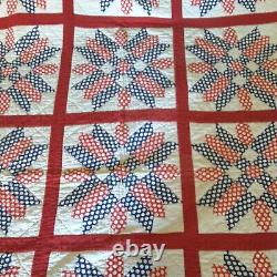 Vintage On Point 9 Patch Star And Cross Variation Quilt Red, White And Blue 98x