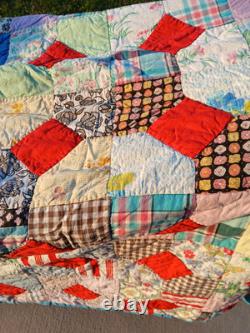 Vintage Or Antique Handmade Hand Stitched Patchwork Quilt 82 X 67 Reversible