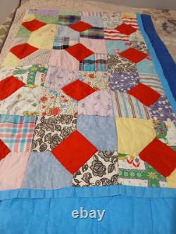 Vintage Or Antique Handmade Hand Stitched Patchwork Quilt 82 X 67 Reversible