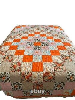 Vintage Orange Multicolor Handmade Hand Tied Patchwork Quilt 99x84