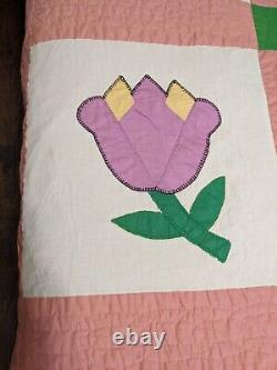 Vintage Patchwork Applique Tulip Quilt Handmade Hand Quilted Full/Queen