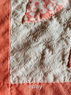 Vintage Patchwork Cotton Quilt Hand Stitched Rosebud Tulip Pattern Handmade