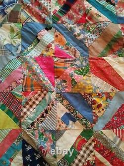 Vintage Patchwork Folk Art Quilt Top Handmade 84x70 Quilt Top Clean Stunning WOW