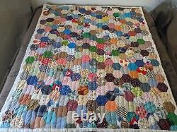 Vintage Patchwork Hexagon Quilt Top Hand and Machine Stitched Approx 66 X 79