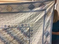 Vintage Patchwork Quilt Blue/White Intricate Squares 115 x 100