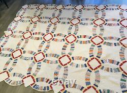 Vintage Patchwork Quilt, Hand Made, 1930s, Double Wedding Ring, White Red Blue