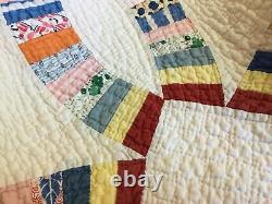 Vintage Patchwork Quilt, Hand Made, 1930s, Double Wedding Ring, White Red Blue