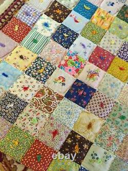 Vintage Patchwork Quilt Hand Pieced Tied Cotton Squares 76x 91 Gorgeous