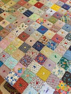 Vintage Patchwork Quilt Hand Pieced Tied Cotton Squares 76x 91 Gorgeous