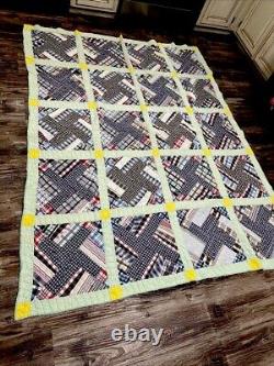 Vintage Patchwork Quilt Handmade Plaid Feed Sack Grandma Blanket 82x64