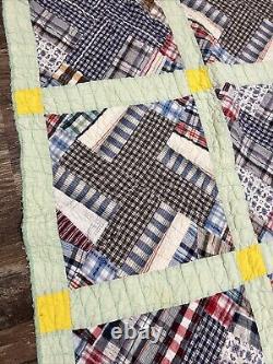 Vintage Patchwork Quilt Handmade Plaid Feed Sack Grandma Blanket 82x64