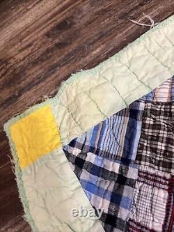 Vintage Patchwork Quilt Handmade Plaid Feed Sack Grandma Blanket 82x64