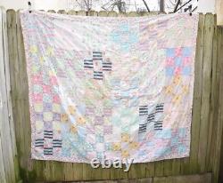 Vintage Patchwork Quilt Handmade Plaid Floral Feed Sack Grandma Blanket 69x63