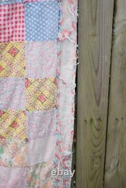 Vintage Patchwork Quilt Handmade Plaid Floral Feed Sack Grandma Blanket 69x63