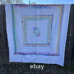 Vintage Patchwork Quilt Postage Stamp Border 78 x 66 Hand Sewn Quilted