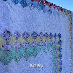 Vintage Patchwork Quilt Postage Stamp Border 78 x 66 Hand Sewn Quilted