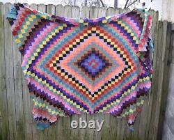 Vintage Patchwork Quilt Postage Stamp Square Diamond Pattern Hand Sewn 72x57