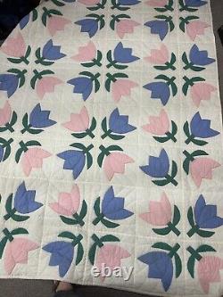 Vintage Patchwork Quilt Tulips 66x88 Hand Quilted Pink Blue Green CreamAppliqué