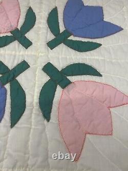 Vintage Patchwork Quilt Tulips 66x88 Hand Quilted Pink Blue Green CreamAppliqué