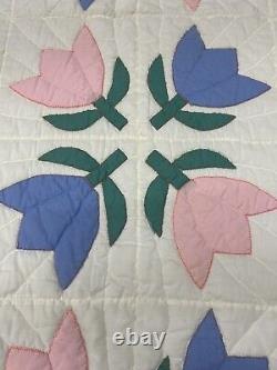 Vintage Patchwork Quilt Tulips 66x88 Hand Quilted Pink Blue Green CreamAppliqué