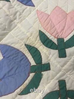 Vintage Patchwork Quilt Tulips 66x88 Hand Quilted Pink Blue Green CreamAppliqué