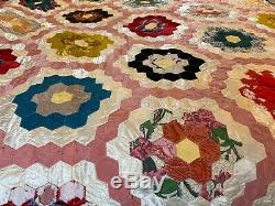 Vintage Patchwork Satin Velvet Granny Handmade Quilt Blanket 76 hexagon Flower