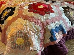 Vintage Patchwork Satin Velvet Granny Handmade Quilt Blanket 76 hexagon Flower