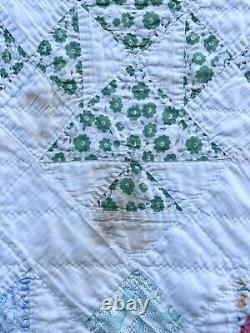 Vintage Patchwork Scalloped Quilt Hand Pieced & Stitched Cotton Feedsack Cottage