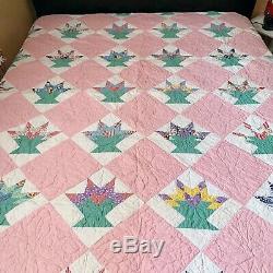 Vintage Pink Hand Stitched Patchwork Quilt Queen Handmade 85 X 96
