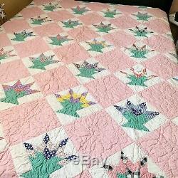 Vintage Pink Hand Stitched Patchwork Quilt Queen Handmade 85 X 96