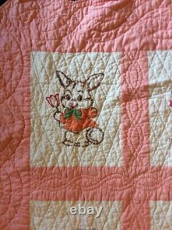 Vintage Pink & White Embroidered Animal Baby CRIB QUILT, very well made