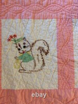 Vintage Pink & White Embroidered Animal Baby CRIB QUILT, very well made