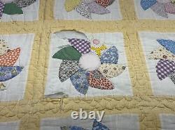 Vintage Pinwheel Plate Quilt Feedsack Hand Appliquéd 76x87 Yellow Lilac Border