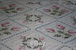 Vintage QUILT PINK Vining ROSES bouquets FRENCH BLUE Cotton Handmade EMBROIDERY