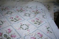 Vintage QUILT PINK Vining ROSES bouquets FRENCH BLUE Cotton Handmade EMBROIDERY