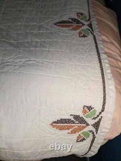 Vintage Queen Hand Quilted Cross Stitched 92x80 Handmade