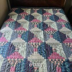 Vintage Queen Size Log Cabin Cotton Quilt