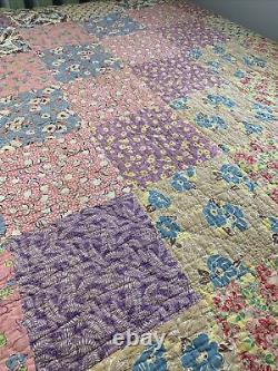 Vintage Quilt 11 Squares 64x80 Hand Quilted Thick Great Old Fabric