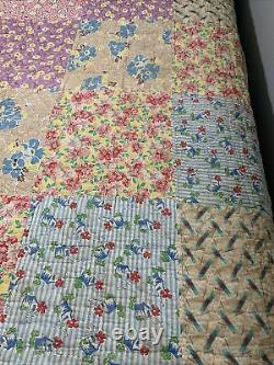 Vintage Quilt 11 Squares 64x80 Hand Quilted Thick Great Old Fabric