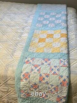 Vintage Quilt 25 Patch Aqua Border 74x88 Hand Quilted Cutter Display Repurpose