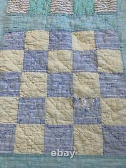 Vintage Quilt 25 Patch Aqua Border 74x88 Hand Quilted Cutter Display Repurpose