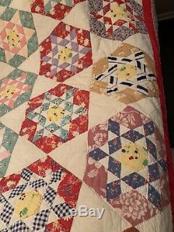 Vintage Quilt 6 Point Star Handmade Feedsack 70 x 78 hand stitched