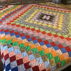 Vintage Quilt 70s King Granny Squares Multicolored Polyester Cotton 84 x 84